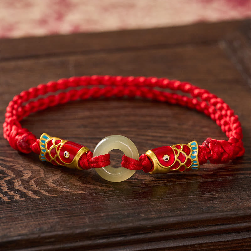 Buddha Stones Bracciale portafortuna con fibbia della pace in giada Hetian, doppio pesce koi e cordino rosso. - Giada naturale (il colore può variare) - image 0