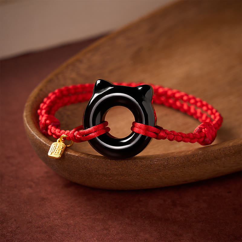 Buddha Stones Bracciale intrecciato con fibbia della pace a forma di gatto in ossidiana nera, personaggio Fu, cordino rosso di protezione. - image 2