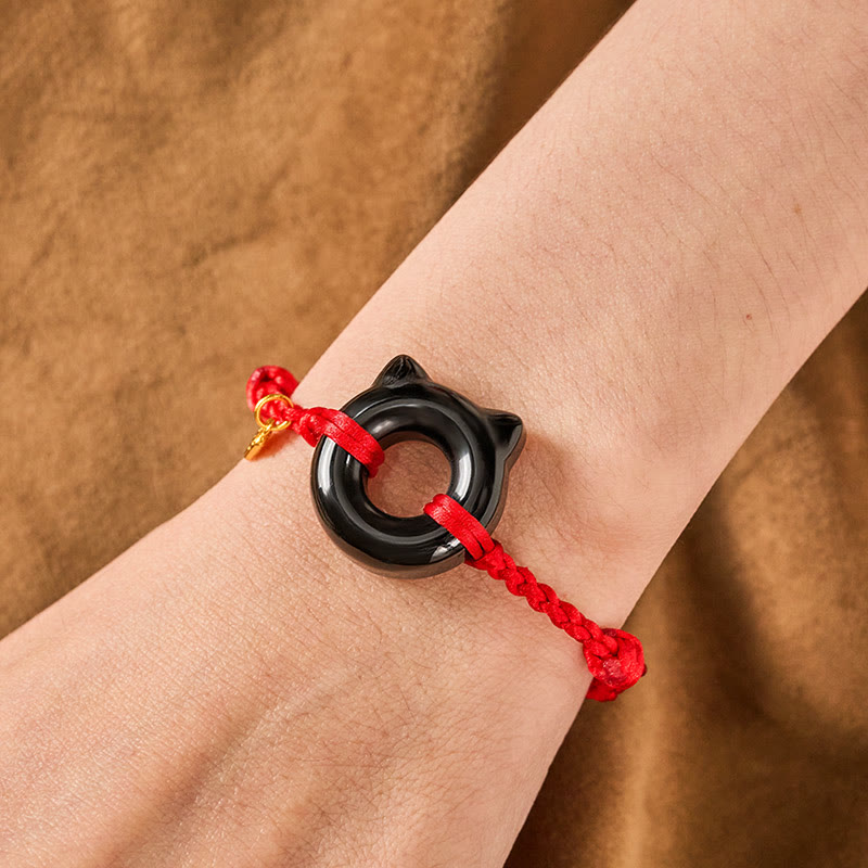 Buddha Stones Bracciale intrecciato con fibbia della pace a forma di gatto in ossidiana nera, personaggio Fu, cordino rosso di protezione. - image 4