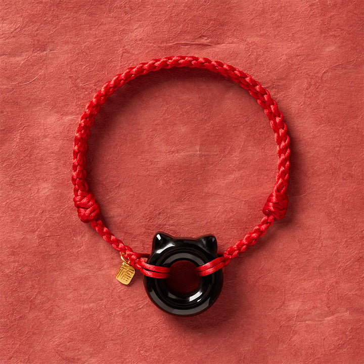 Buddha Stones Bracciale intrecciato con fibbia della pace a forma di gatto in ossidiana nera, personaggio Fu, cordino rosso di protezione. - image 3