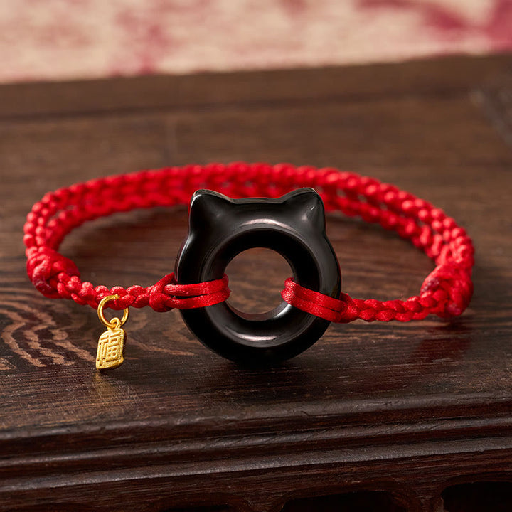 Buddha Stones Bracciale intrecciato con fibbia della pace a forma di gatto in ossidiana nera, personaggio Fu, cordino rosso di protezione. - Ossidiana nera (circonferenza del polso 17-18 cm) - image 0