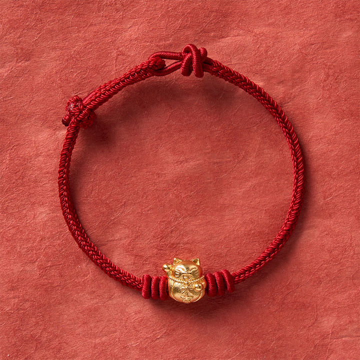 Buddha Stones Braccialetto regolabile con ciondolo a forma di gatto portafortuna, intrecciato a mano con filo rosso e rame. - image 3