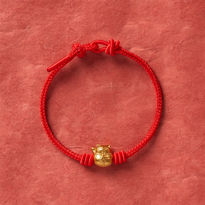 Buddha Stones Braccialetto regolabile con ciondolo a forma di gatto portafortuna, intrecciato a mano con filo rosso e rame. - image 12