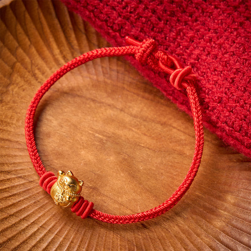 Buddha Stones Braccialetto regolabile con ciondolo a forma di gatto portafortuna, intrecciato a mano con filo rosso e rame. - image 11