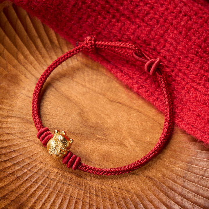 Buddha Stones Braccialetto regolabile con ciondolo a forma di gatto portafortuna, intrecciato a mano con filo rosso e rame. - image 2