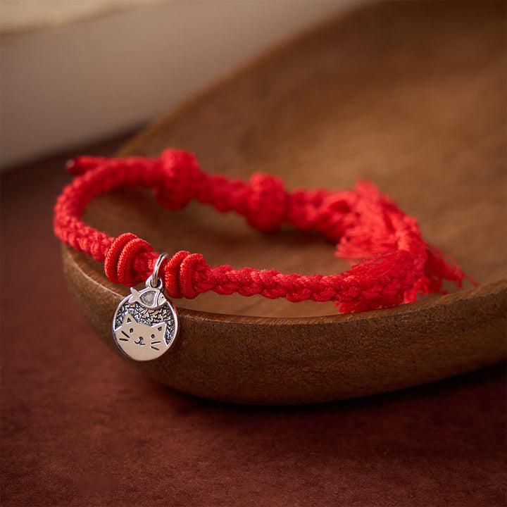 Buddha Stones Braccialetto regolabile in argento sterling 925 con grazioso gatto e pesce, protezione tibetana, con cordino rosso. - Rosso (circonferenza del polso 14–17 cm) - image 9