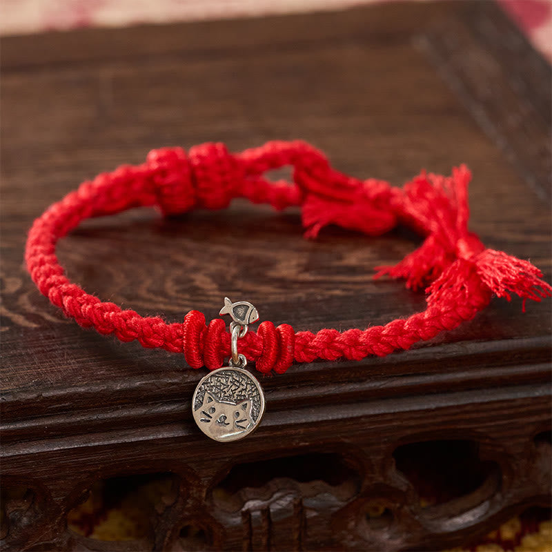 Buddha Stones Braccialetto regolabile in argento sterling 925 con grazioso gatto e pesce, protezione tibetana, con cordino rosso. - image 10