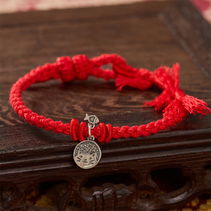Buddha Stones Braccialetto regolabile in argento sterling 925 con grazioso gatto e pesce, protezione tibetana, con cordino rosso. - image 10