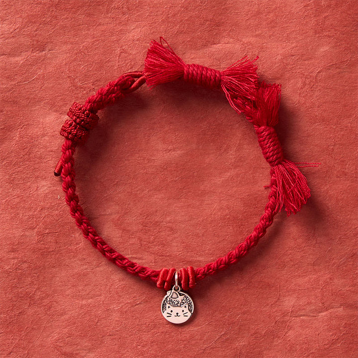 Buddha Stones Braccialetto regolabile in argento sterling 925 con grazioso gatto e pesce, protezione tibetana, con cordino rosso. - image 3