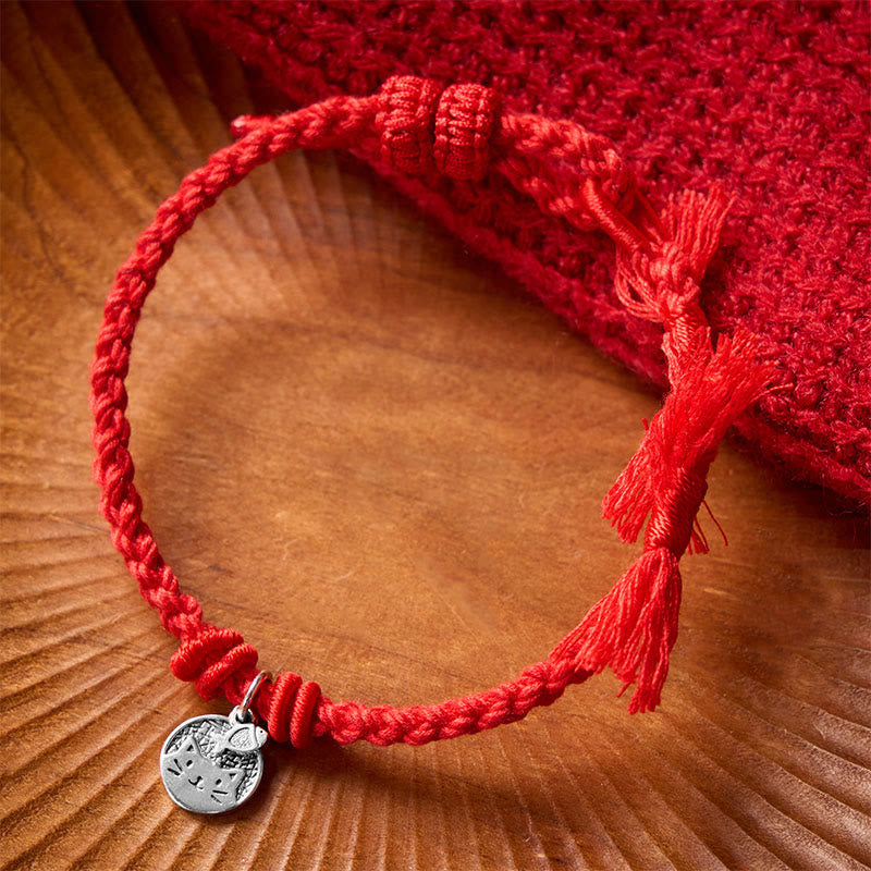 Buddha Stones Braccialetto regolabile in argento sterling 925 con grazioso gatto e pesce, protezione tibetana, con cordino rosso. - image 11