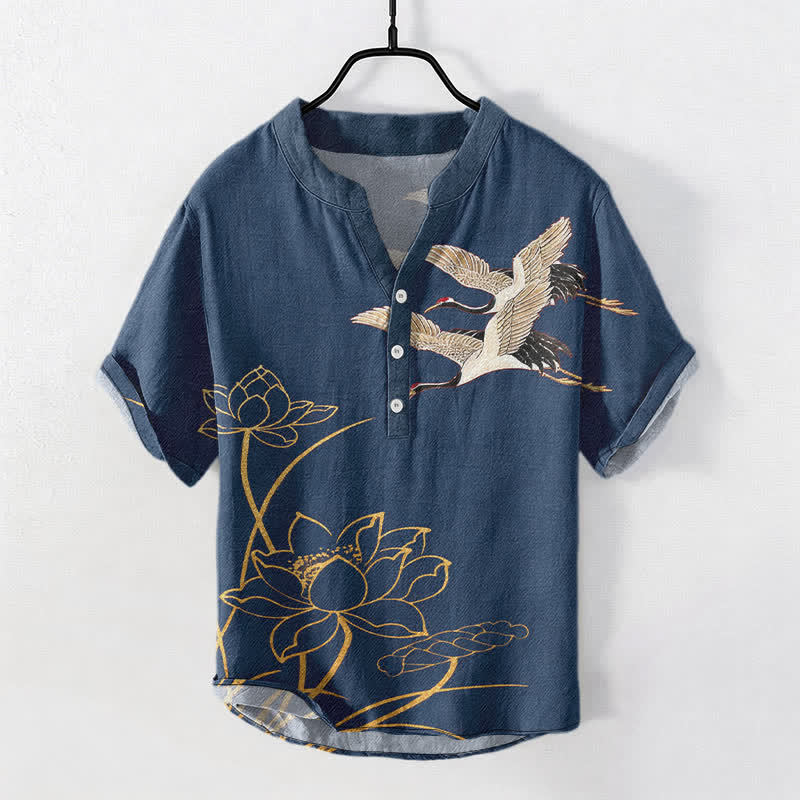 Buddha Stones Camicia da uomo a maniche corte con mezza abbottonatura, modello Cotton Crane Golden Lotus Pattern. - SteelBlue - US/UK/AU50, EU60 (5XL) - image 0