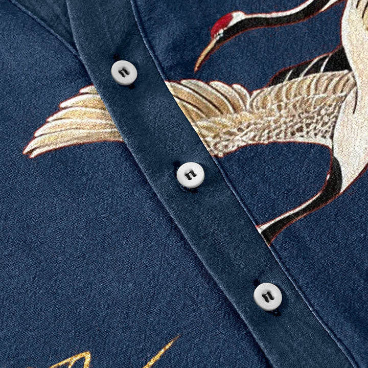 Buddha Stones Camicia da uomo a maniche corte con mezza abbottonatura, modello Cotton Crane Golden Lotus Pattern. - image 3