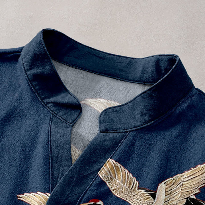 Buddha Stones Camicia da uomo a maniche corte con mezza abbottonatura, modello Cotton Crane Golden Lotus Pattern. - image 2