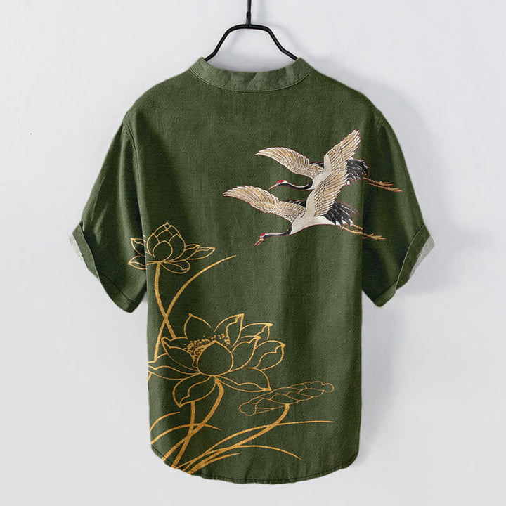 Buddha Stones Camicia da uomo a maniche corte con mezza abbottonatura, modello Cotton Crane Golden Lotus Pattern. - image 6