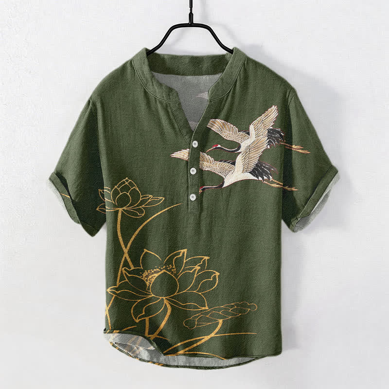 Buddha Stones Camicia da uomo a maniche corte con mezza abbottonatura, modello Cotton Crane Golden Lotus Pattern. - Verde oliva - US/UK/AU50, EU60 (5XL) - image 5