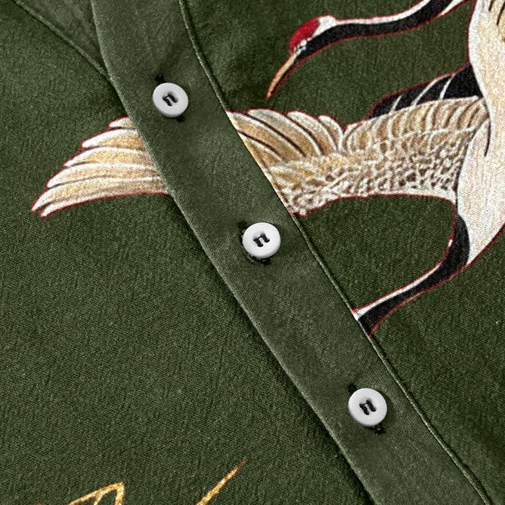 Buddha Stones Camicia da uomo a maniche corte con mezza abbottonatura, modello Cotton Crane Golden Lotus Pattern. - image 8