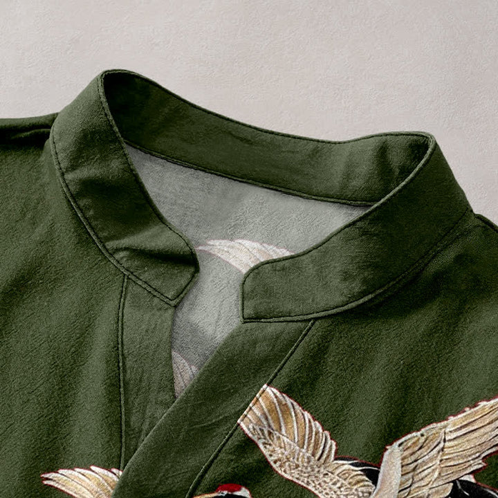 Buddha Stones Camicia da uomo a maniche corte con mezza abbottonatura, modello Cotton Crane Golden Lotus Pattern. - image 7