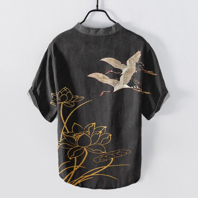 Buddha Stones Camicia da uomo a maniche corte con mezza abbottonatura, modello Cotton Crane Golden Lotus Pattern. - image 11