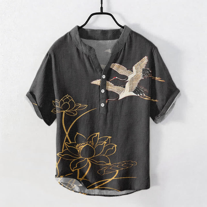Buddha Stones Camicia da uomo a maniche corte con mezza abbottonatura, modello Cotton Crane Golden Lotus Pattern. - Nero - US/UK/AU50, EU60 (5XL) - image 10