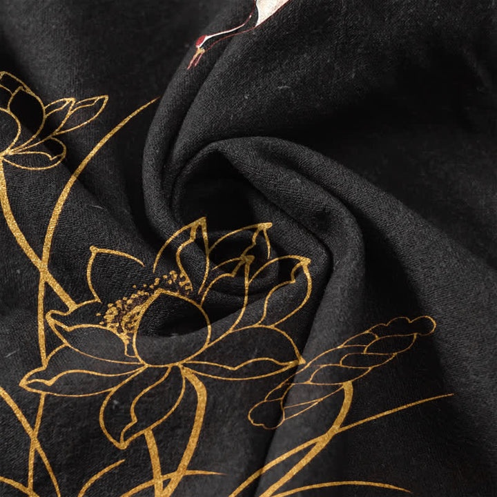 Buddha Stones Camicia da uomo a maniche corte con mezza abbottonatura, modello Cotton Crane Golden Lotus Pattern. - image 14