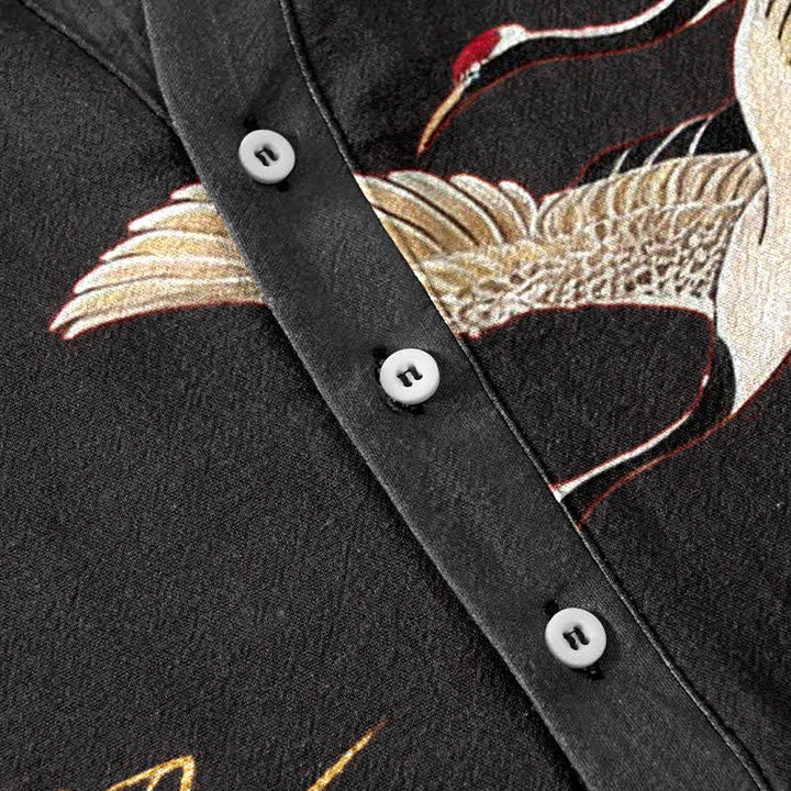 Buddha Stones Camicia da uomo a maniche corte con mezza abbottonatura, modello Cotton Crane Golden Lotus Pattern. - image 13