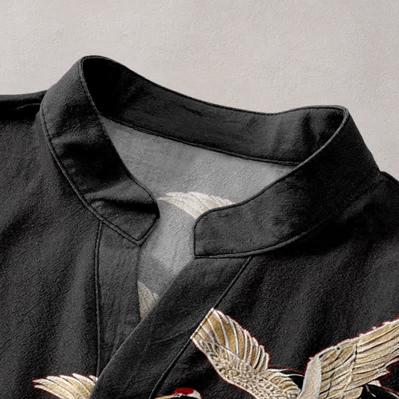 Buddha Stones Camicia da uomo a maniche corte con mezza abbottonatura, modello Cotton Crane Golden Lotus Pattern. - image 12