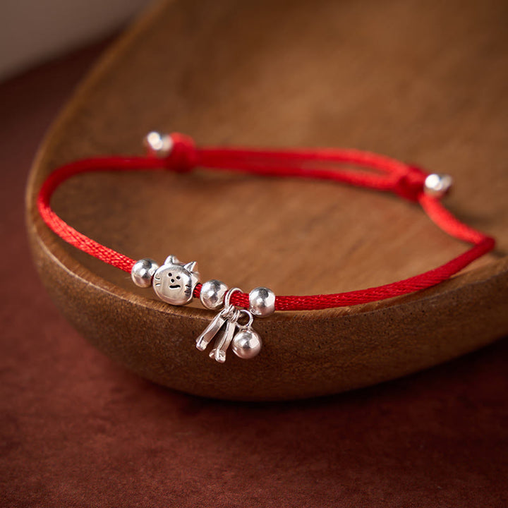 Buddha Stones Braccialetto portafortuna con ciondolo a forma di gatto e pesce in argento sterling 925 con cordino rosso. - Argento (Calma ♥ Equilibrio) - 14-21 cm - image 0