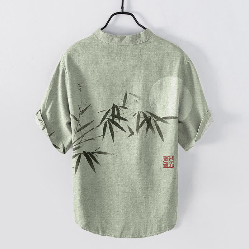 Buddha Stones Camicia da uomo a maniche corte con mezza abbottonatura, stampata su cotone, bambù e luna. - image 1