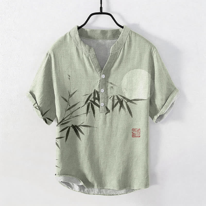 Buddha Stones Camicia da uomo a maniche corte con mezza abbottonatura, stampata su cotone, bambù e luna. - Verde chiaro - US/UK/AU50, EU60 (5XL) - image 0