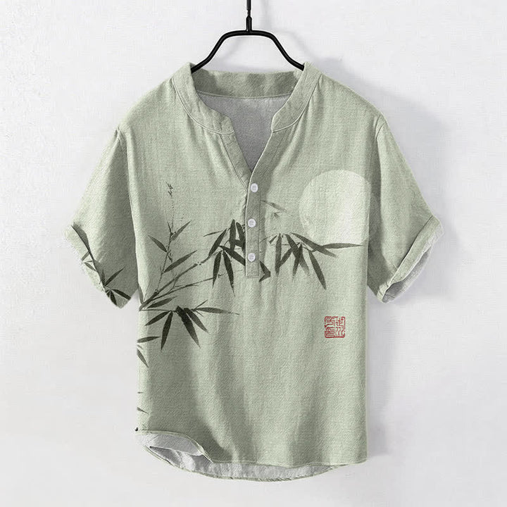 Buddha Stones Camicia da uomo a maniche corte con mezza abbottonatura, stampata su cotone, bambù e luna. - Verde chiaro - US/UK/AU50, EU60 (5XL) - image 0