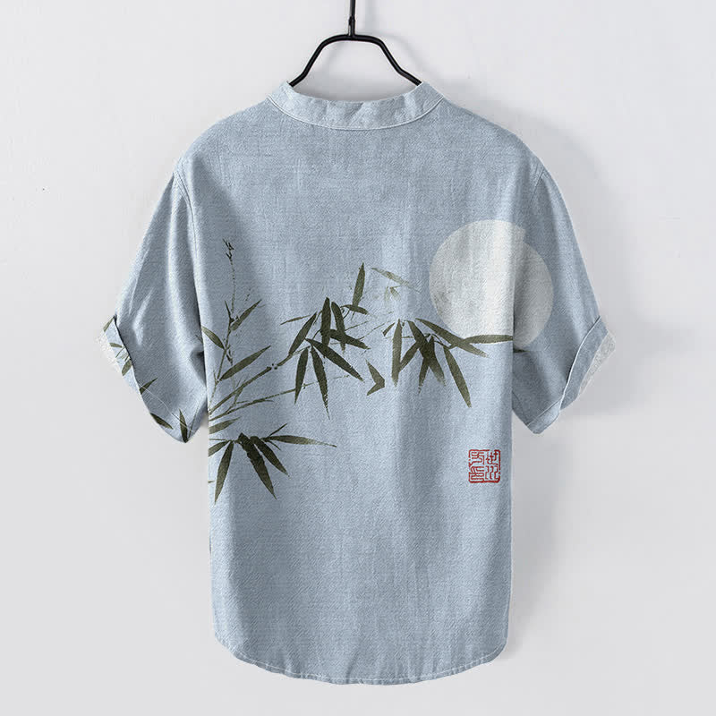 Buddha Stones Camicia da uomo a maniche corte con mezza abbottonatura, stampata su cotone, bambù e luna. - image 4