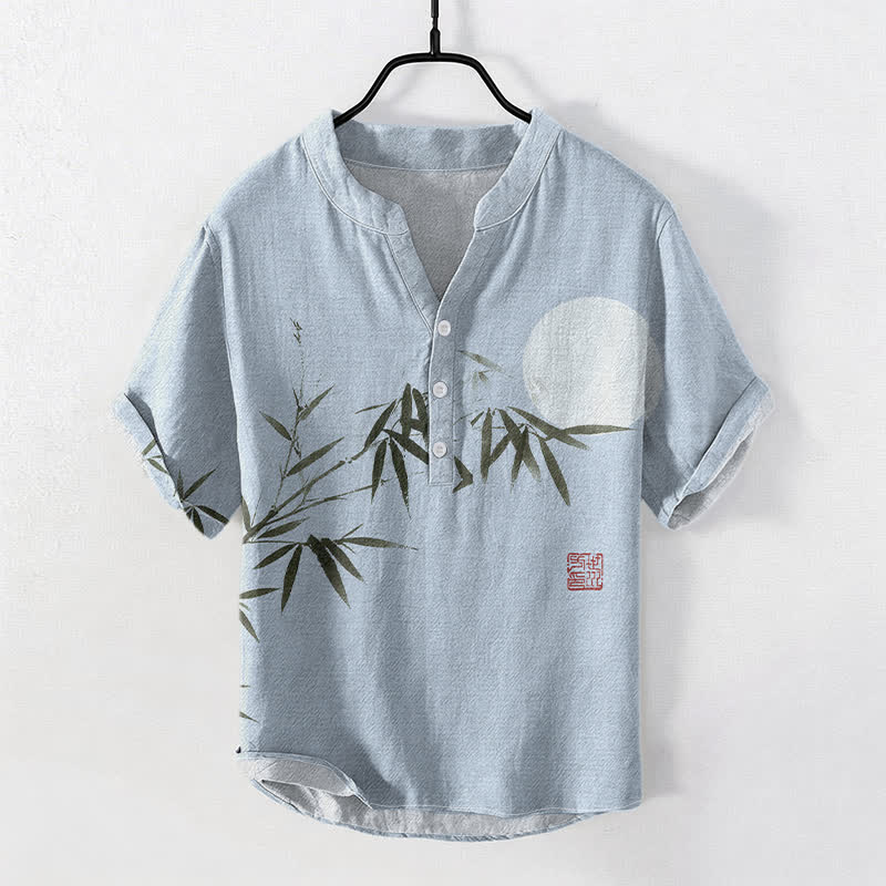 Buddha Stones Camicia da uomo a maniche corte con mezza abbottonatura, stampata su cotone, bambù e luna. - Azzurro chiaro - US/UK/AU50, EU60 (5XL) - image 3