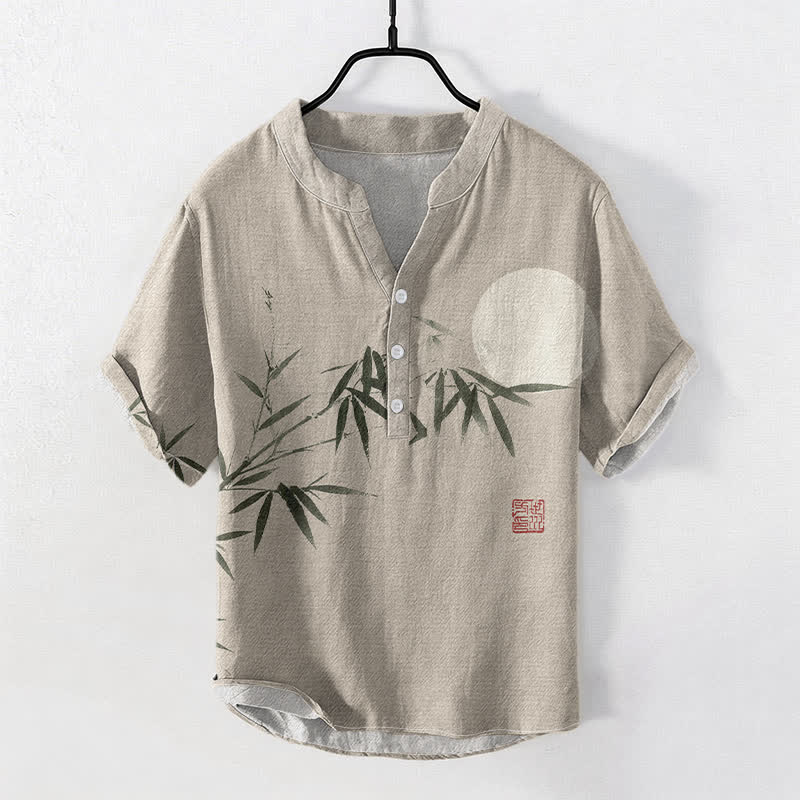 Buddha Stones Camicia da uomo a maniche corte con mezza abbottonatura, stampata su cotone, bambù e luna. - Beige - US/UK/AU50, EU60 (5XL) - image 5
