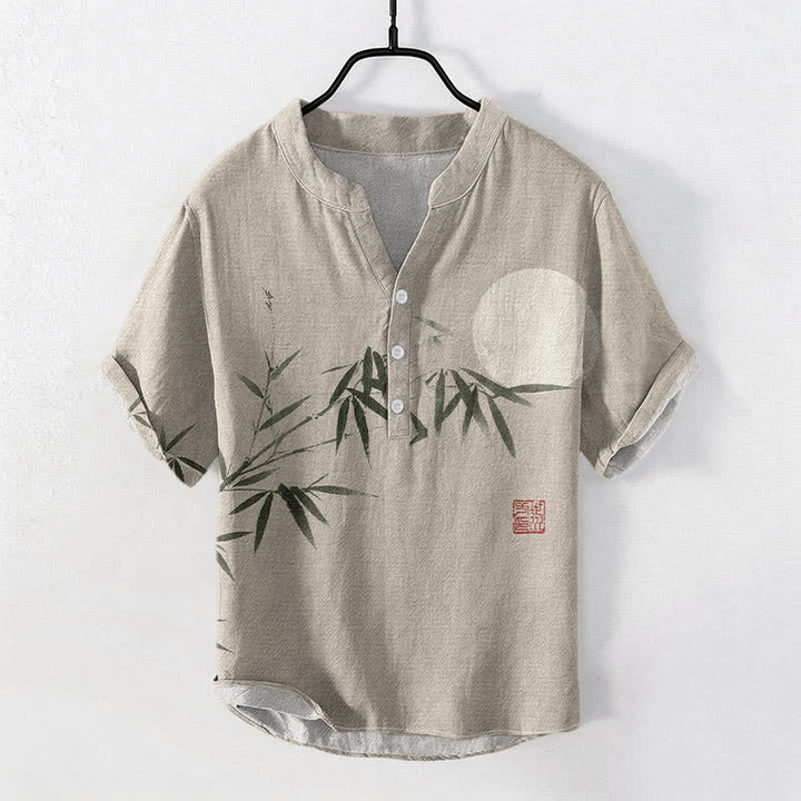 Buddha Stones Camicia da uomo a maniche corte con mezza abbottonatura, stampata su cotone, bambù e luna. - Beige - US/UK/AU50, EU60 (5XL) - image 5