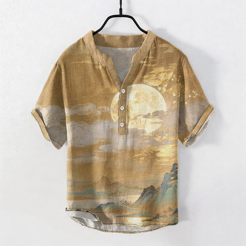 Buddha Stones Camicia da uomo a maniche corte con mezza abbottonatura, in cotone, con motivo luna, nuvole e montagne. - Verga d'oro - US/UK/AU50, EU60 (5XL) - image 0