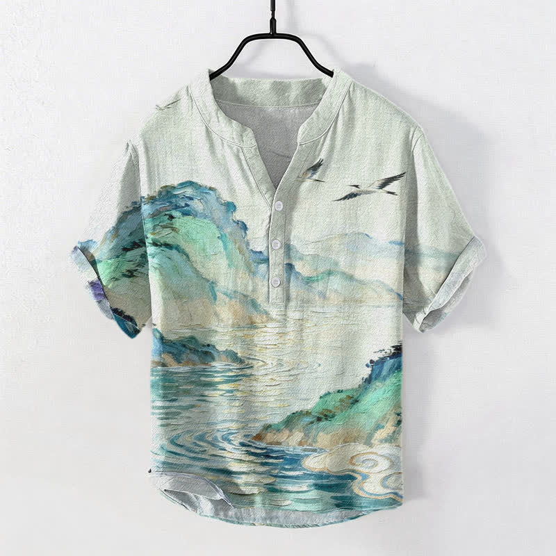 Buddha Stones Camicia da uomo a maniche corte con mezza abbottonatura, in cotone, con motivo paesaggistico costiero ad acquerello. - Crema alla menta - US/UK/AU50, EU60 (5XL) - image 0