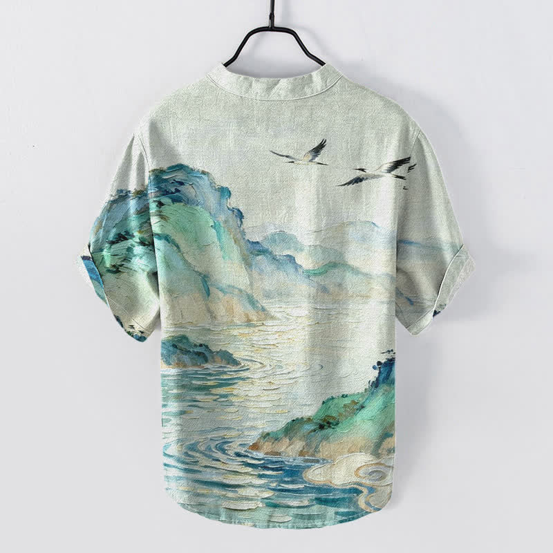 Buddha Stones Camicia da uomo a maniche corte con mezza abbottonatura, in cotone, con motivo paesaggistico costiero ad acquerello. - image 1