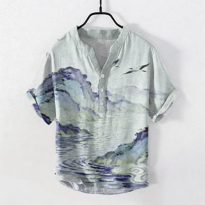 Buddha Stones Camicia da uomo a maniche corte con mezza abbottonatura, in cotone, con motivo paesaggistico costiero ad acquerello. - Melata - US/UK/AU50, EU60 (5XL) - image 3