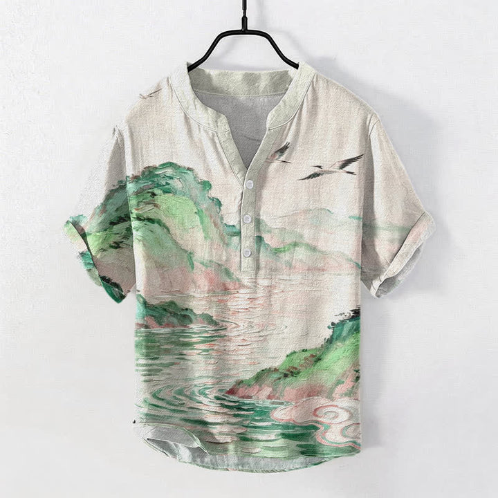 Buddha Stones Camicia da uomo a maniche corte con mezza abbottonatura, in cotone, con motivo paesaggistico costiero ad acquerello. - Biancheria - US/UK/AU50, EU60 (5XL) - image 6