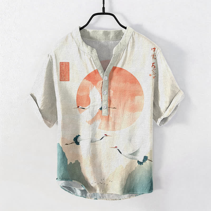 Buddha Stones Camicia da uomo a maniche corte con mezzo bottone, in cotone, con motivo sole rosso e gru in volo. - Biancheria - US/UK/AU50, EU60 (5XL) - image 0