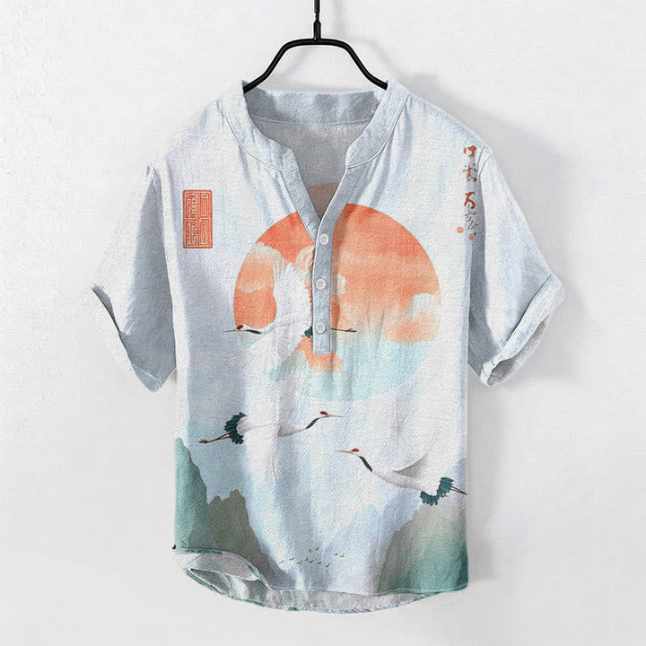 Buddha Stones Camicia da uomo a maniche corte con mezzo bottone, in cotone, con motivo sole rosso e gru in volo. - Azzurro chiaro - US/UK/AU50, EU60 (5XL) - image 3
