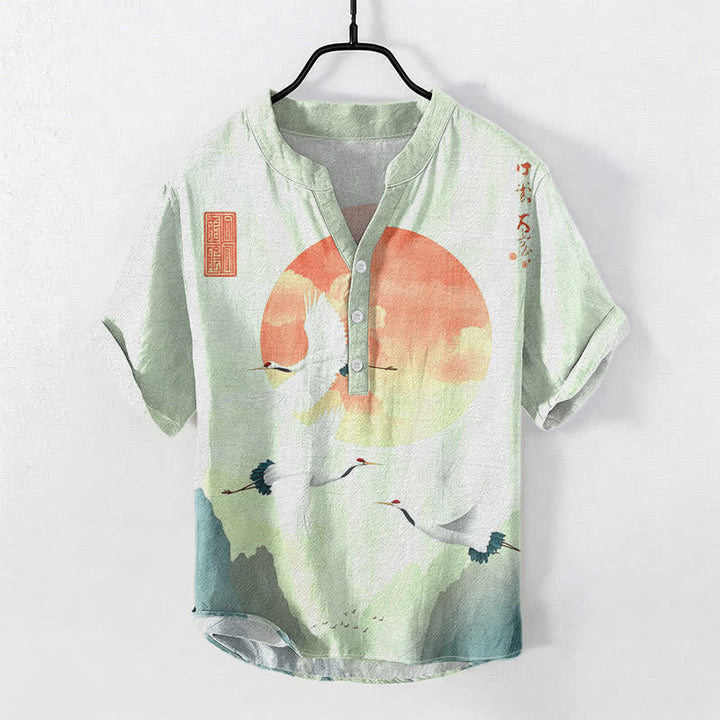 Buddha Stones Camicia da uomo a maniche corte con mezzo bottone, in cotone, con motivo sole rosso e gru in volo. - Crema alla menta - US/UK/AU50, EU60 (5XL) - image 6