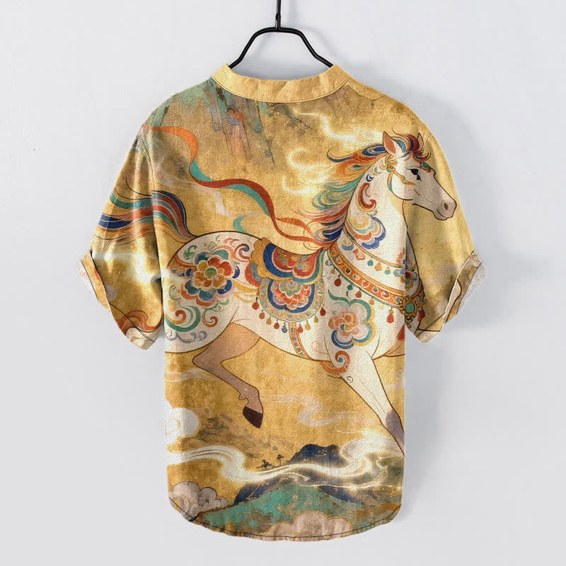 Buddha Stones Camicia da uomo a maniche corte con mezzo bottone, in cotone, con motivo ornamentale di cavalli al galoppo. - image 6