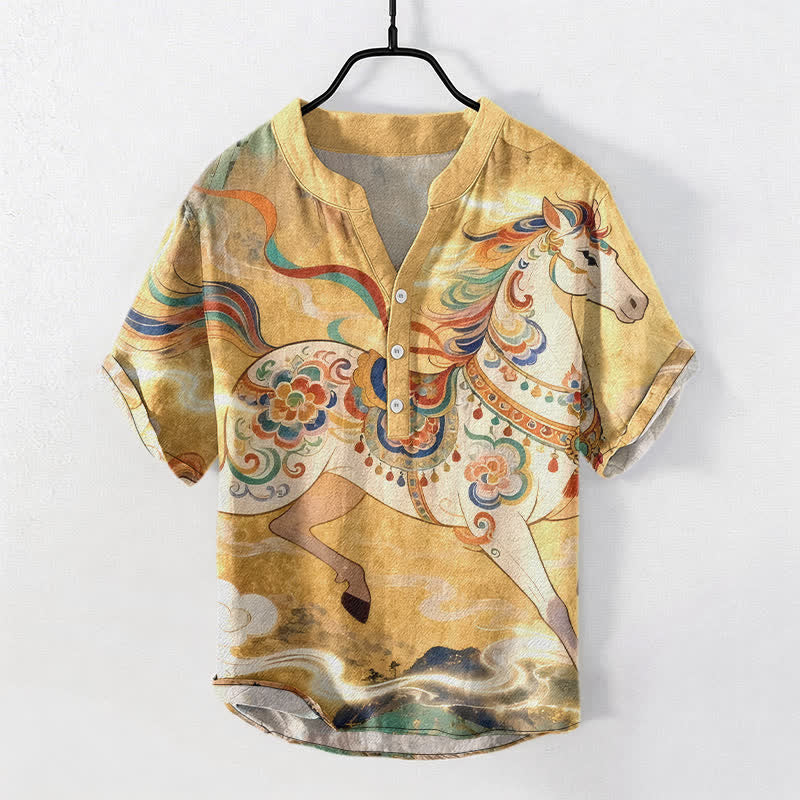 Buddha Stones Camicia da uomo a maniche corte con mezzo bottone, in cotone, con motivo ornamentale di cavalli al galoppo. - Oro - US/UK/AU50, EU60 (5XL) - image 5