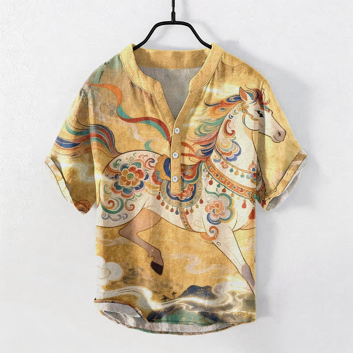 Buddha Stones Camicia da uomo a maniche corte con mezzo bottone, in cotone, con motivo ornamentale di cavalli al galoppo. - Oro - US/UK/AU50, EU60 (5XL) - image 5