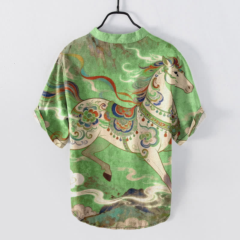 Buddha Stones Camicia da uomo a maniche corte con mezzo bottone, in cotone, con motivo ornamentale di cavalli al galoppo. - image 11