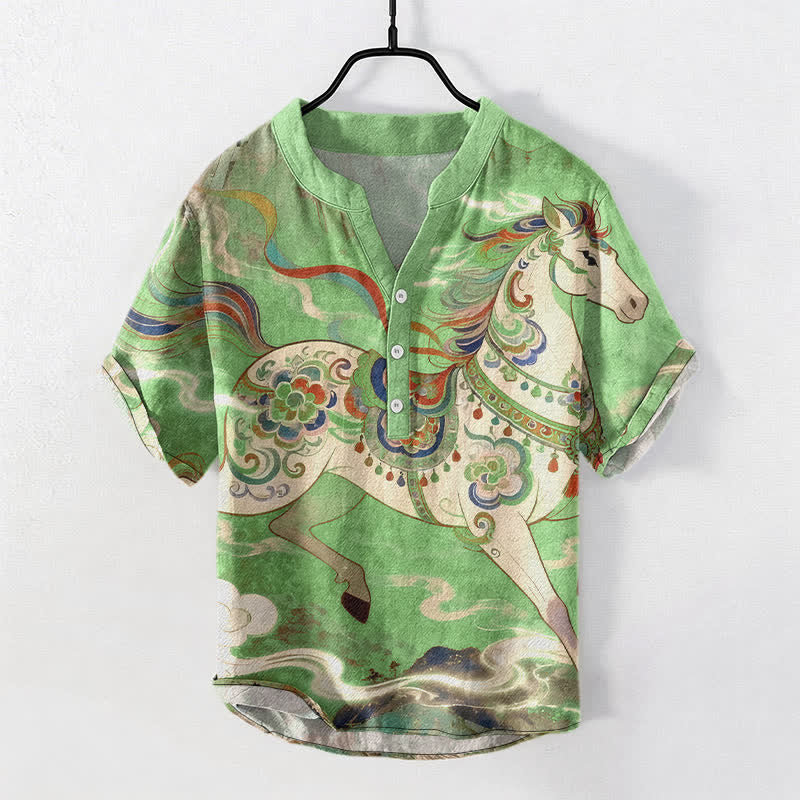 Buddha Stones Camicia da uomo a maniche corte con mezzo bottone, in cotone, con motivo ornamentale di cavalli al galoppo. - Verde chiaro - US/UK/AU50, EU60 (5XL) - image 10