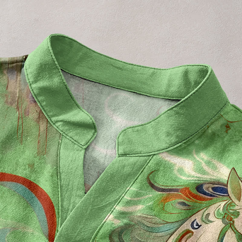 Buddha Stones Camicia da uomo a maniche corte con mezzo bottone, in cotone, con motivo ornamentale di cavalli al galoppo. - image 12
