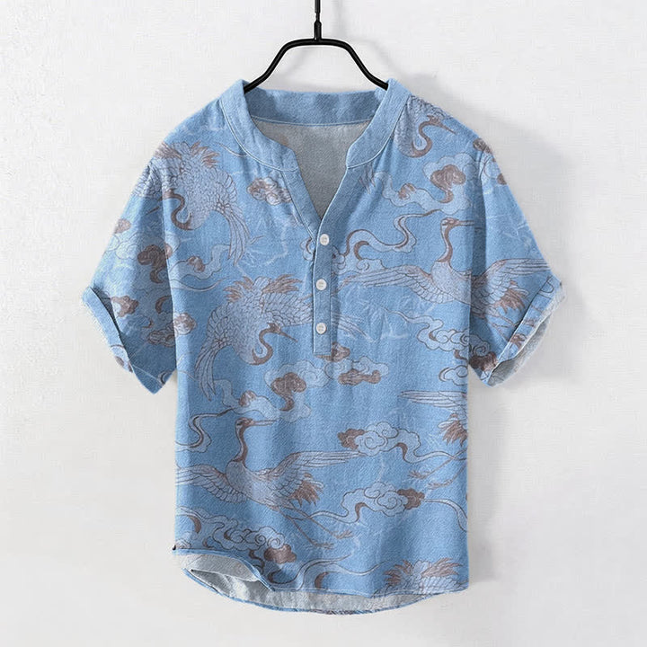 Buddha Stones Camicia da uomo a maniche corte con mezza abbottonatura, in cotone, con motivo gru e nuvole. - Azzurro chiaro - US/UK/AU50, EU60 (5XL) - image 0
