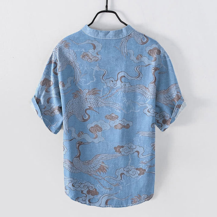 Buddha Stones Camicia da uomo a maniche corte con mezza abbottonatura, in cotone, con motivo gru e nuvole. - image 1